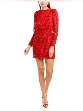 THE KOOPLES Red Velvet Leopard-Texture Long-Sleeve Mini Dress Size 2